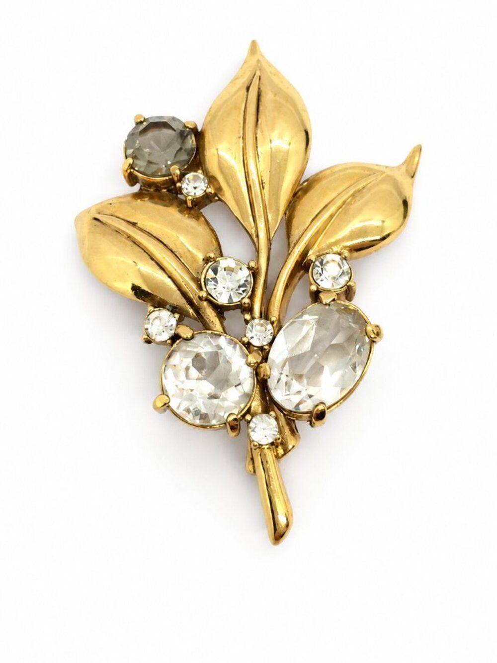 VINTAGE CAROLEE BROOCH Rhinestone Leaf Bouquet Gold Tone Gray Crystal Pin